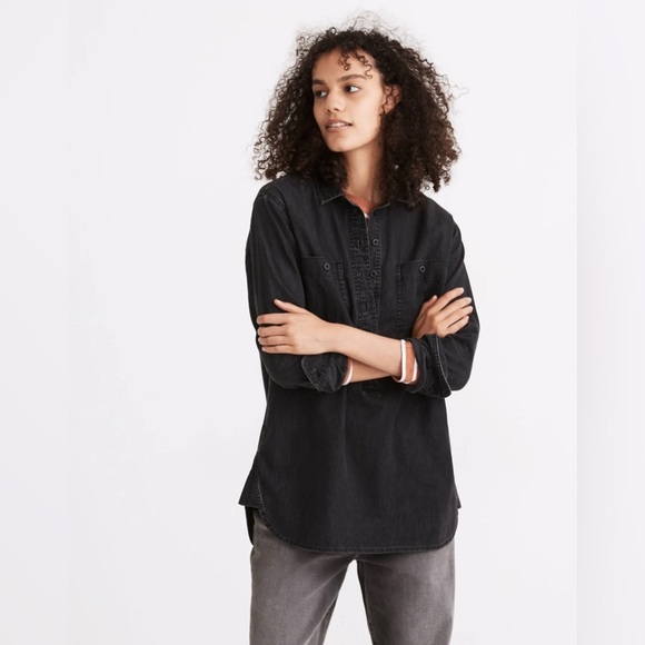 NWT Madewell Denim Popover Top Long Sleeve in Black Wash Size Small - Picture 2 of 14